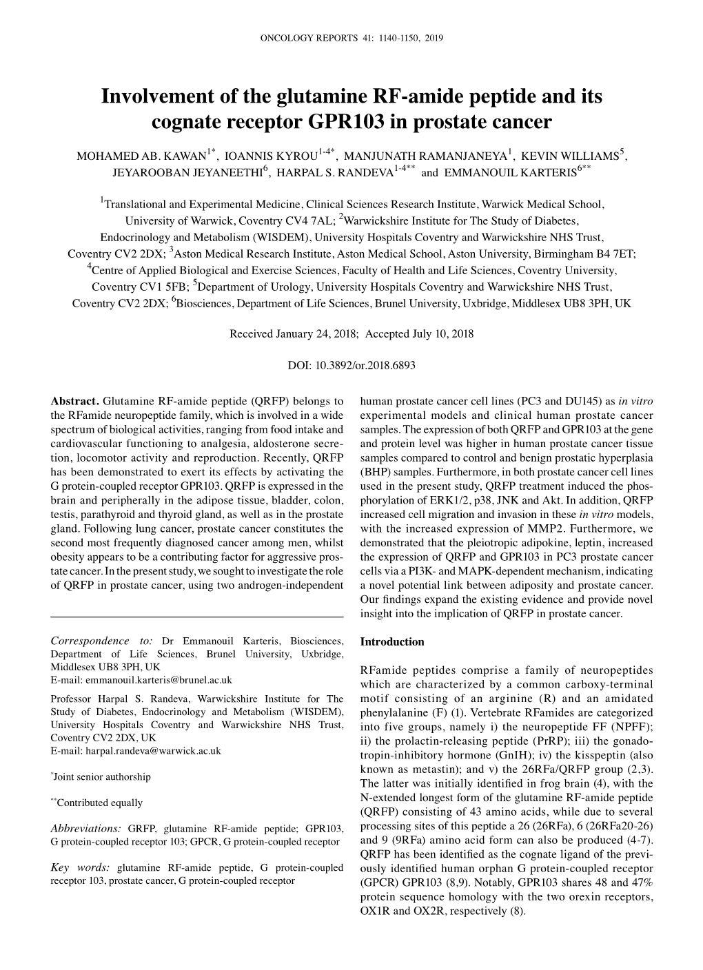 Involvement of the Glutamine RF‑Amide Peptide and Its Cognate Receptor GPR103 in Prostate Cancer