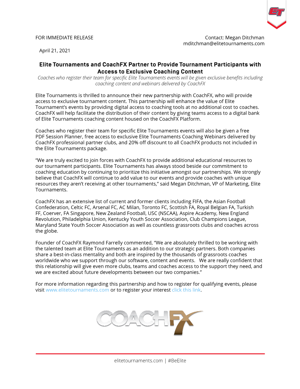 Elite Tournaments and Coachfx Partner to Provide Tournament