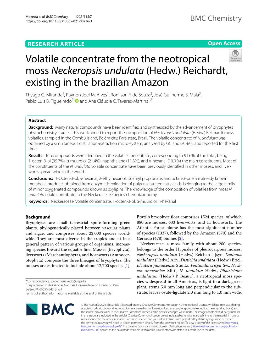 Volatile Concentrate from the Neotropical Moss Neckeropsis Undulata (Hedw.) Reichardt, Existing in the Brazilian Amazon Thyago G