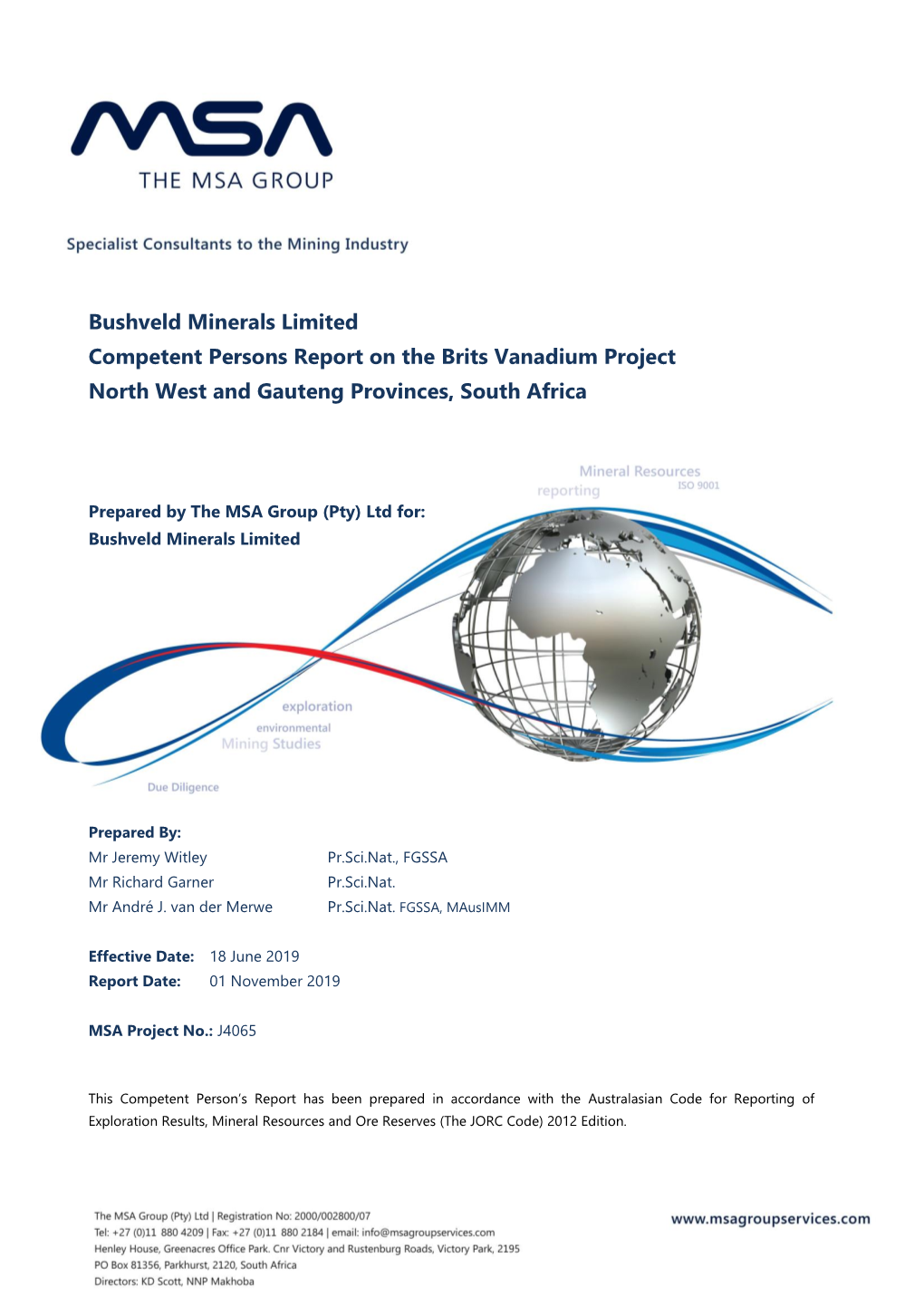 Bushveld Minerals Limited Competent Persons Report on the Brits Vanadium Project North West and Gauteng Provinces, South Africa