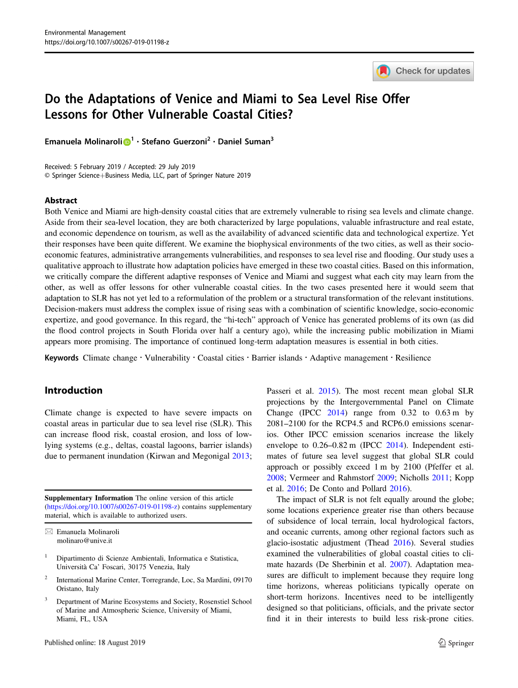 Do the Adaptations of Venice and Miami to Sea Level Rise Offer Lessons for Other Vulnerable Coastal Cities?