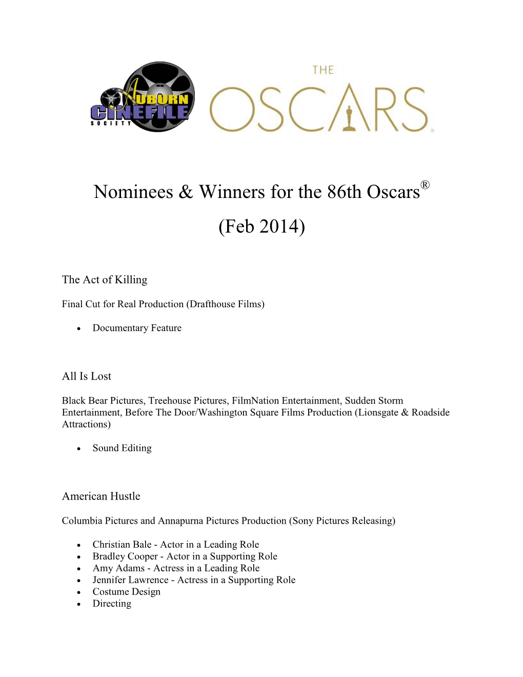 Nominees & Winners for the 86Th Oscars (Feb 2014)