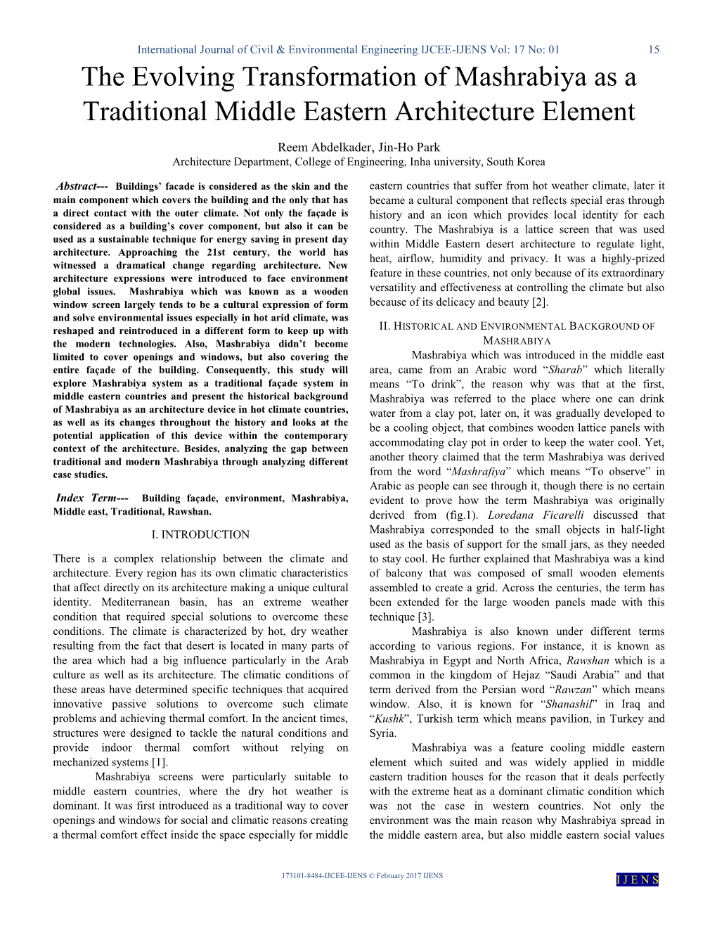 The Evolving Transformation of Mashrabiya As a Traditional Middle Eastern Architecture Element