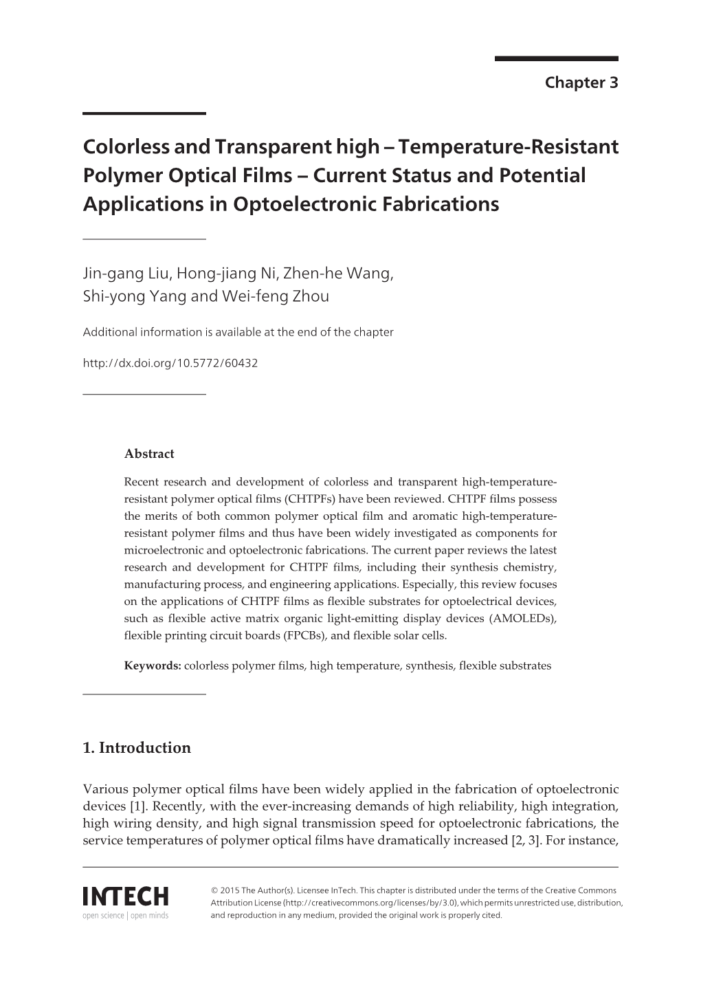 Colorless and Transparent High – Temperature-Resistant Polymer Optical Films – Current Status and Potential Applications in Optoelectronic Fabrications