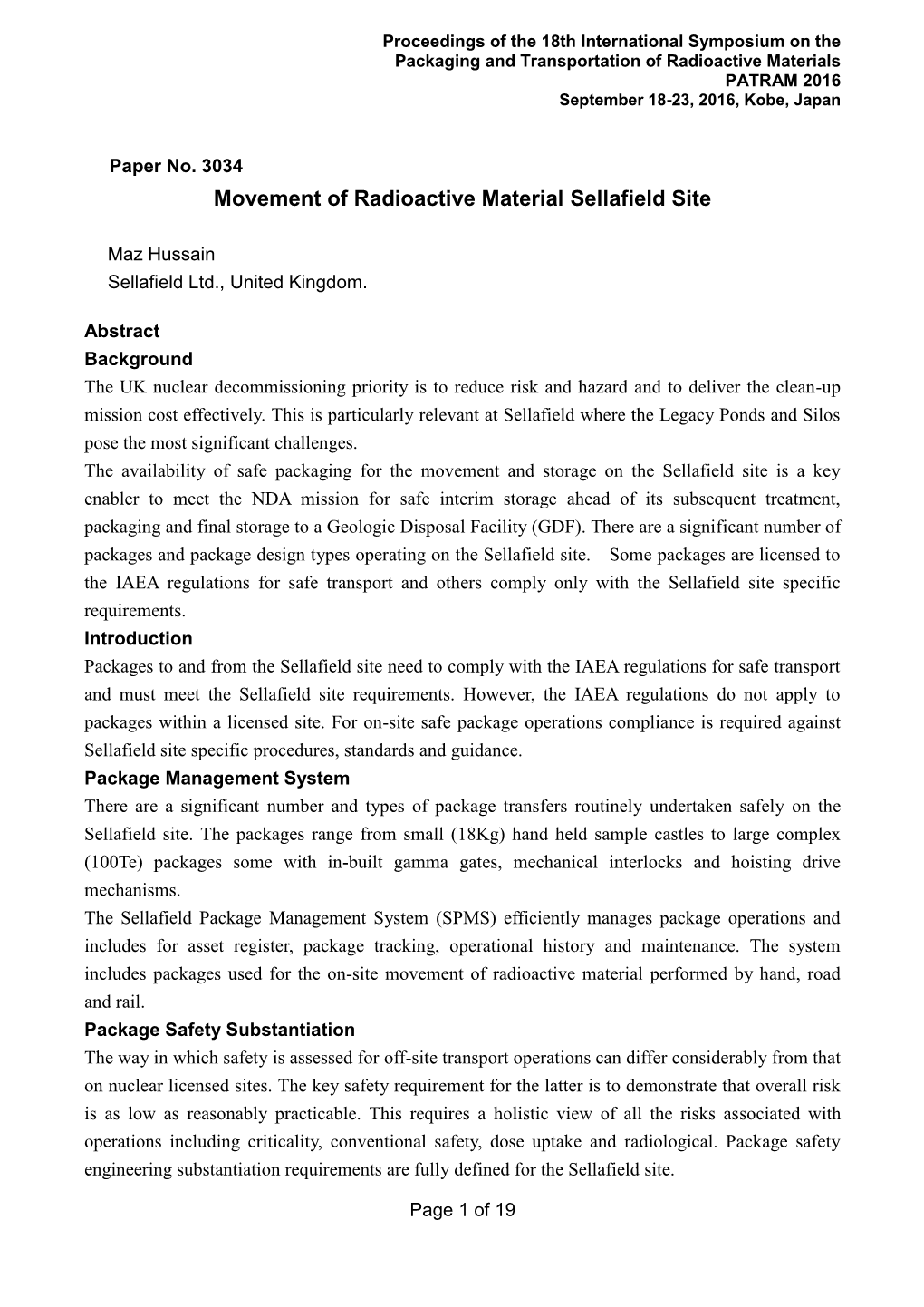 Movement of Radioactive Material Sellafield Site