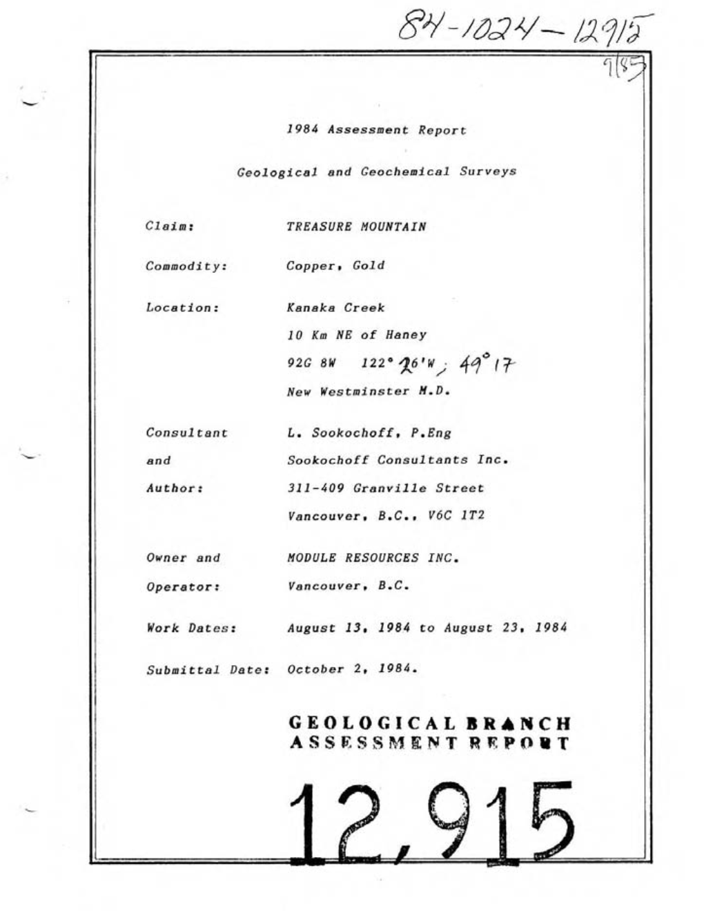 Geological Branch Assesssent Ztwppbt Table of Contents