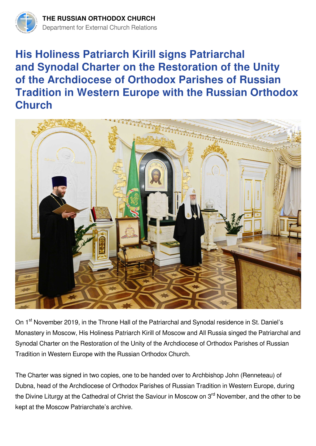 THE RUSSIAN ORTHODOX CHURCH Department for External Church Relations