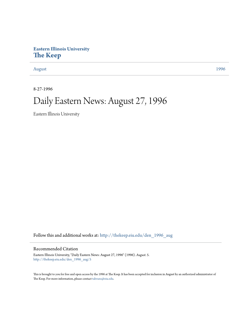 Daily Eastern News: August 27, 1996 Eastern Illinois University