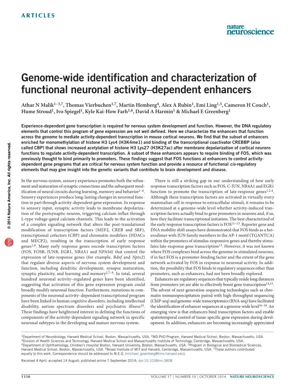 Genome-Wide Identification and Characterization of Functional Neuronal Activity–Dependent Enhancers