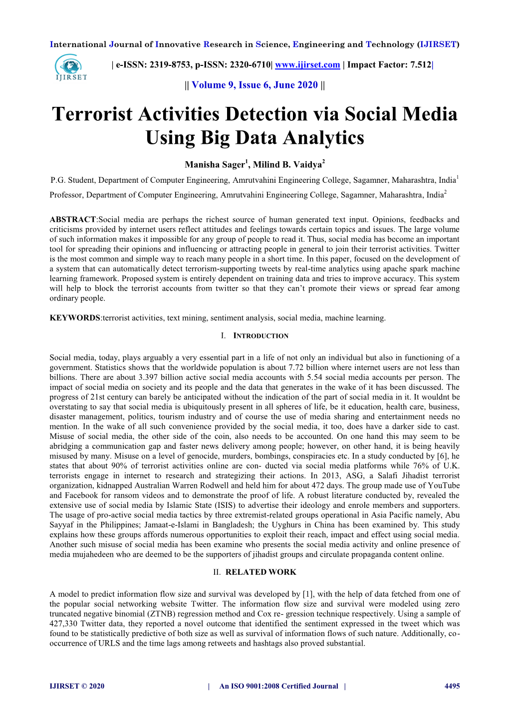 Terrorist Activities Detection Via Social Media Using Big Data Analytics