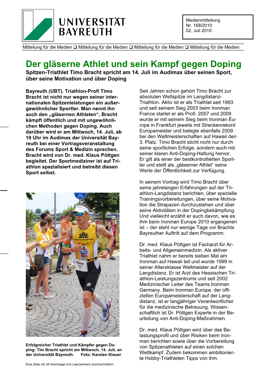 Der Gläserne Athlet Und Sein Kampf Gegen Doping Spitzen-Triathlet Timo Bracht Spricht Am 14