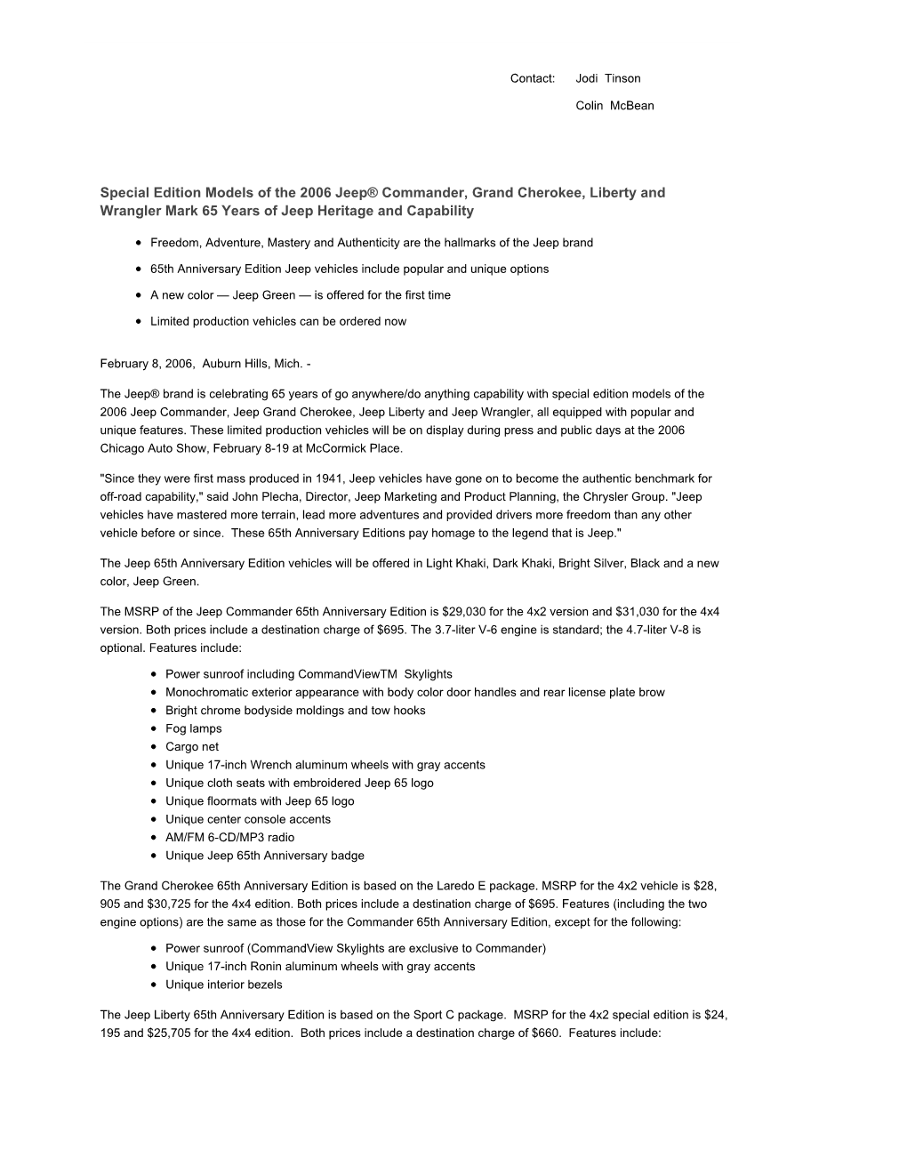 Special Edition Models of the 2006 Jeep® Commander, Grand Cherokee, Liberty and Wrangler Mark 65 Years of Jeep Heritage and Capability
