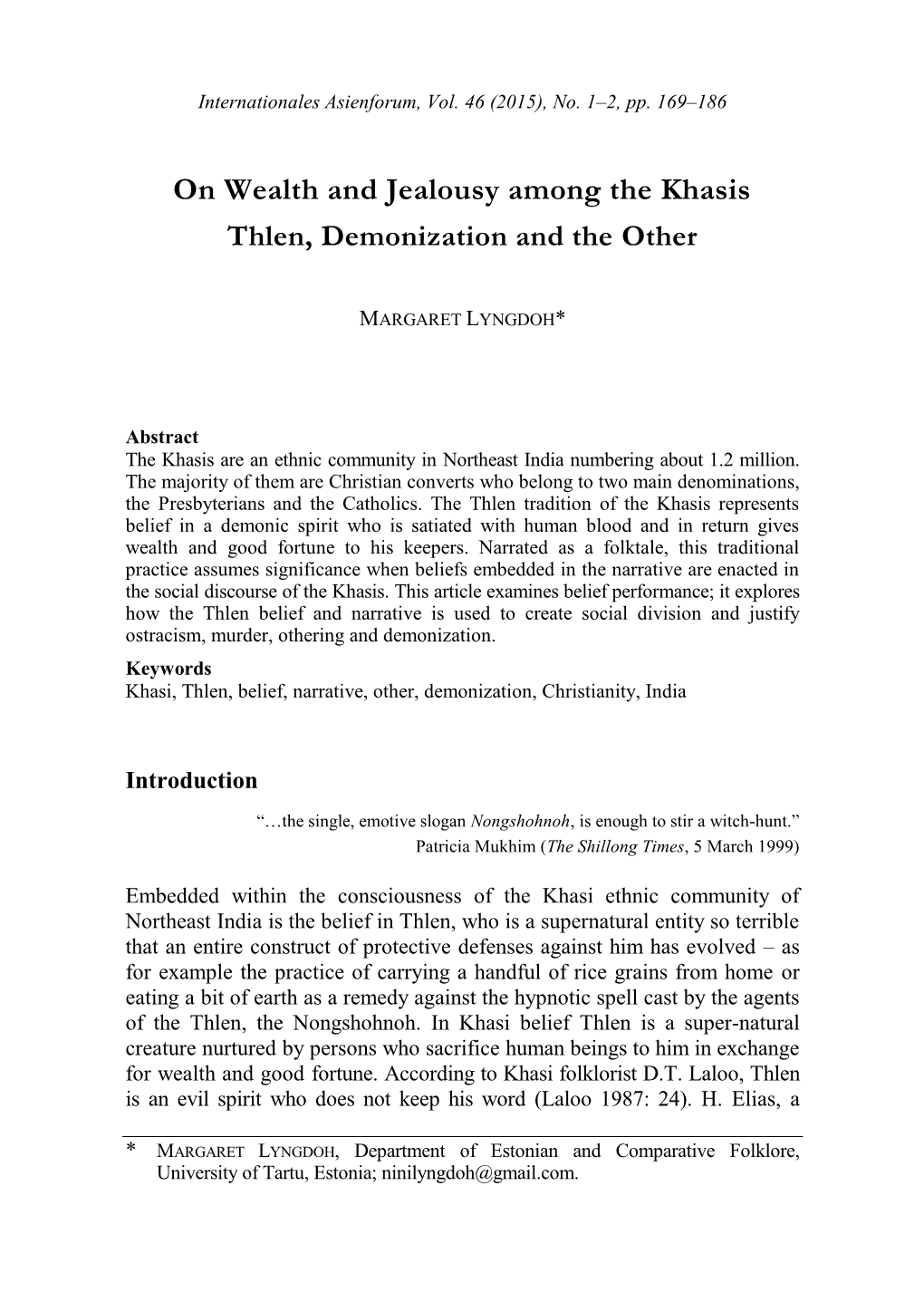 On Wealth and Jealousy Among the Khasis Thlen, Demonization and the Other