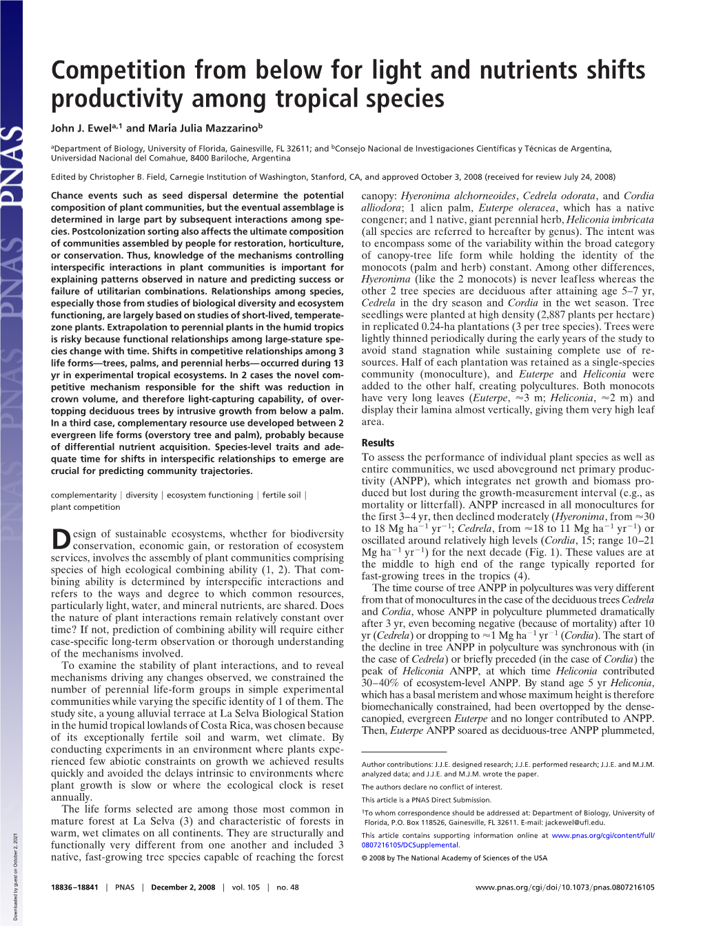 Competition from Below for Light and Nutrients Shifts Productivity Among Tropical Species