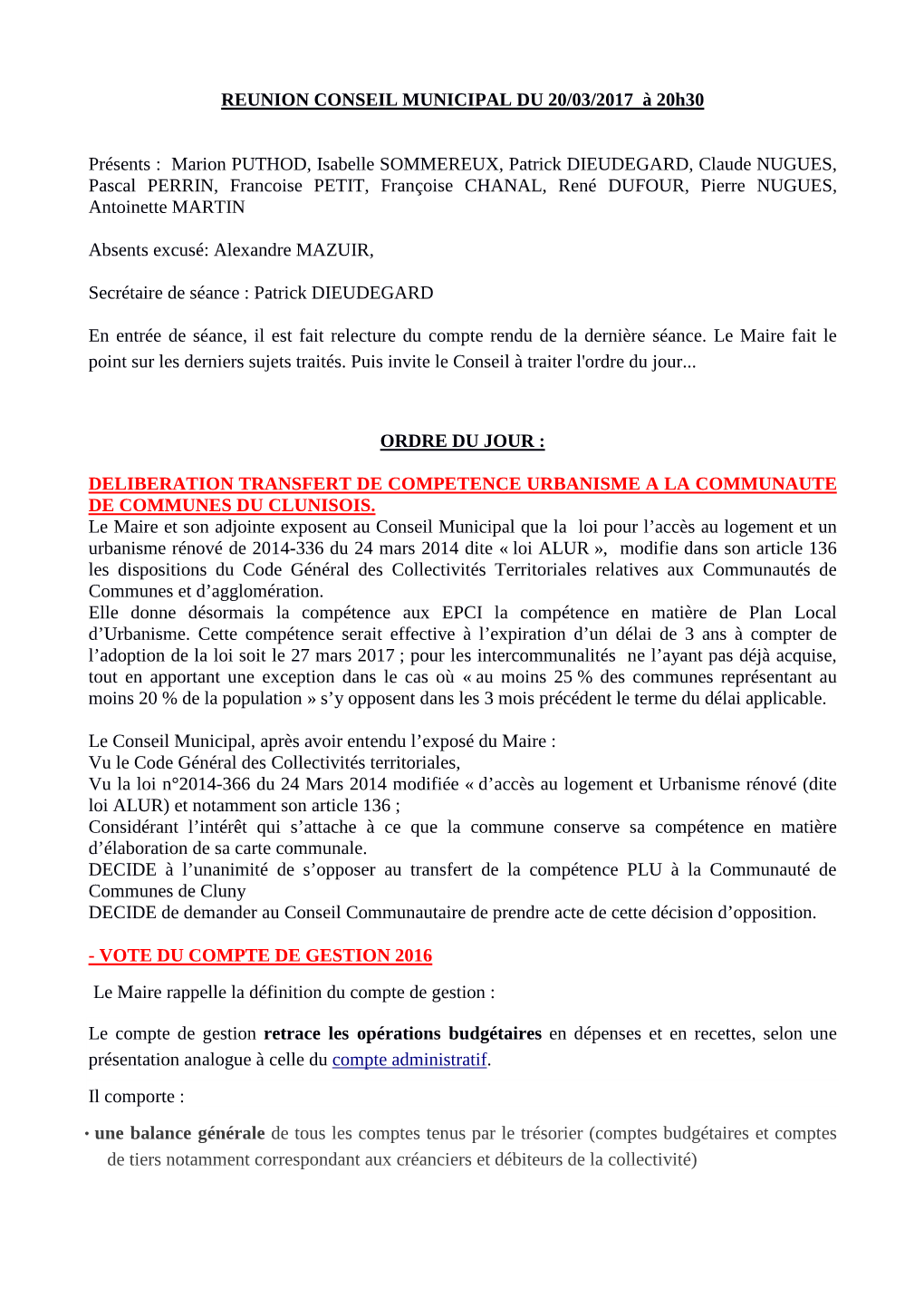 CONSEIL MUNICIPAL 20 Mars 2017