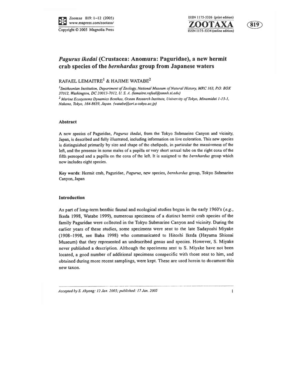 Pagurus Ikedai (Crustacea: Anomura: Paguridae), a New Hermit Crab Species of the Bernhardus Group from Japanese Waters