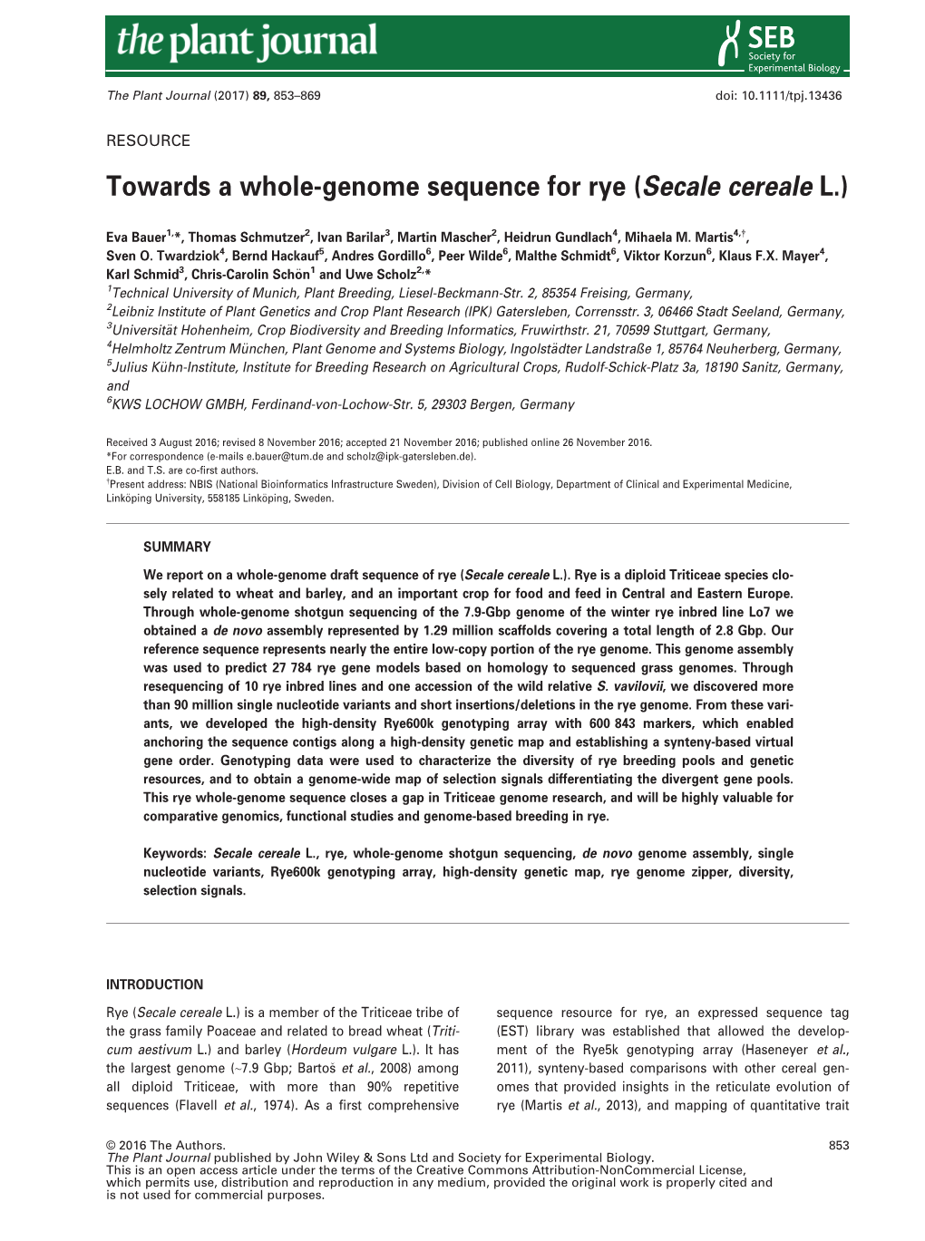 Genome Sequence for Rye (Secale Cereale L.)