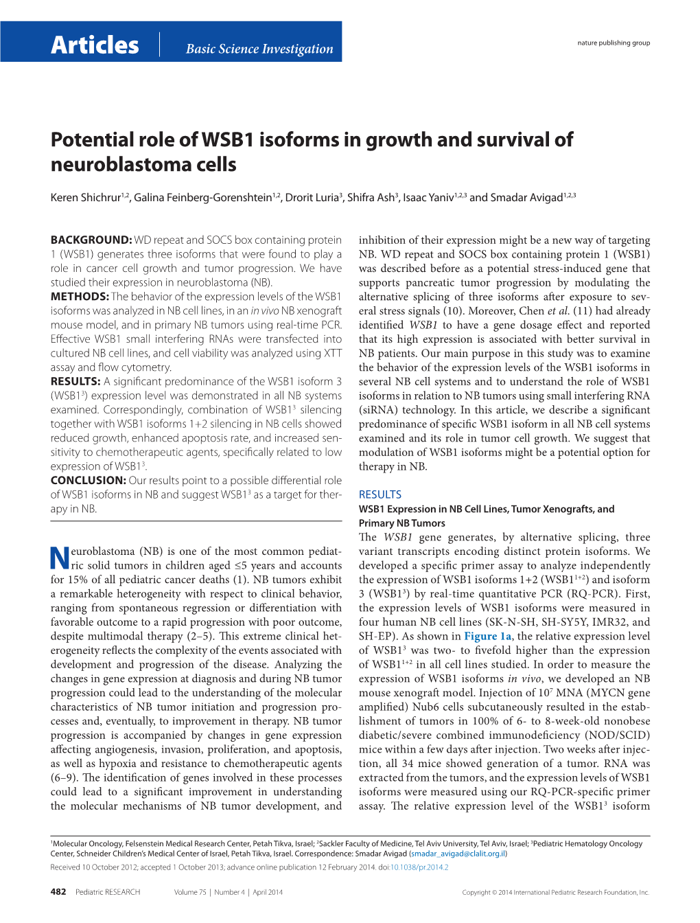 Potential Role of WSB1 Isoforms in Growth and Survival of Neuroblastoma Cells