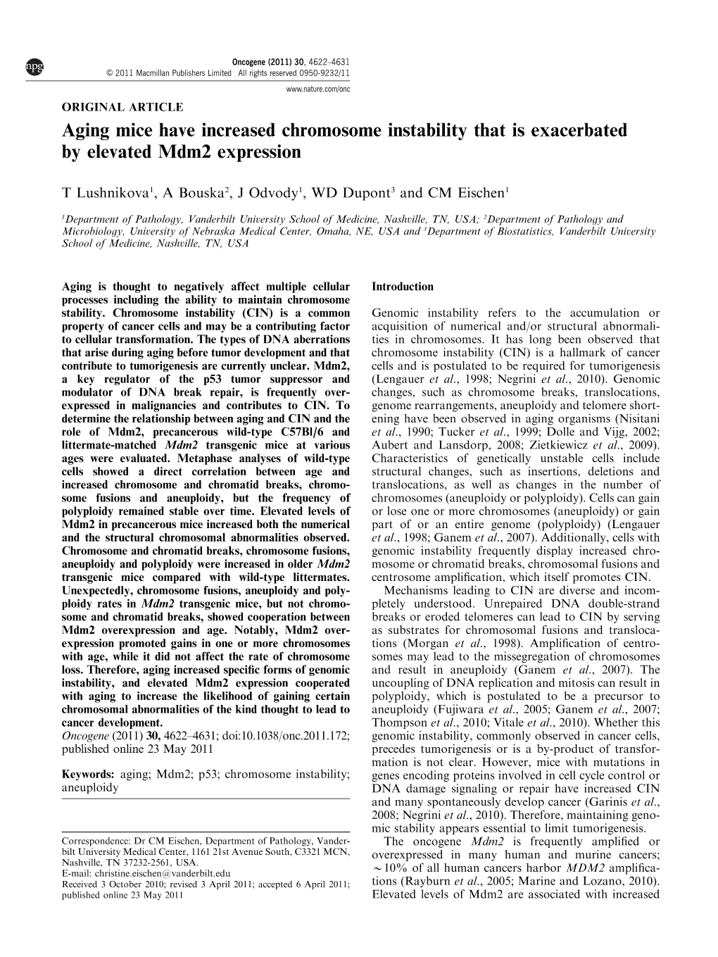 Aging Mice Have Increased Chromosome Instability That Is Exacerbated by Elevated Mdm2 Expression