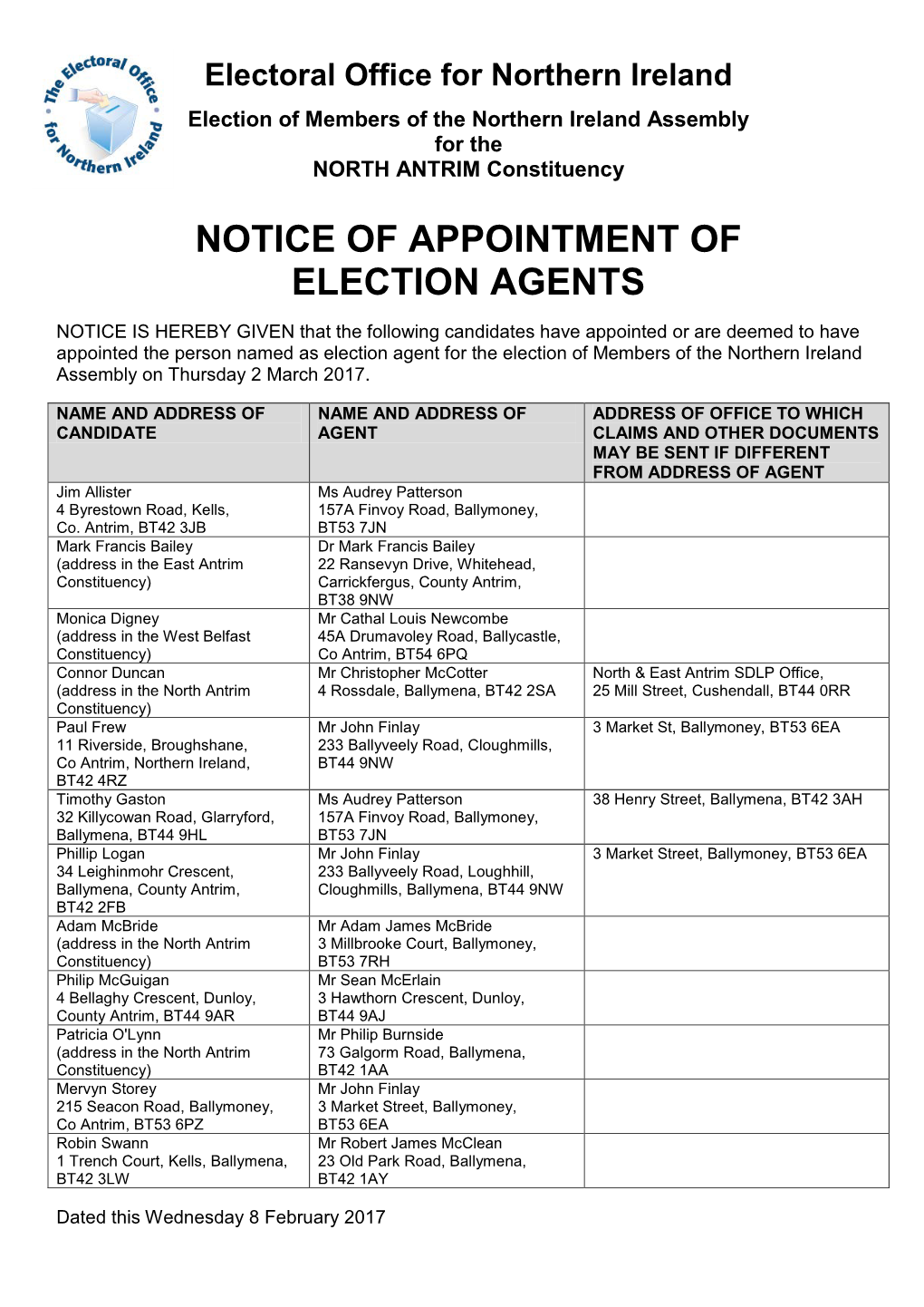 Notice of Appointment of Election Agents