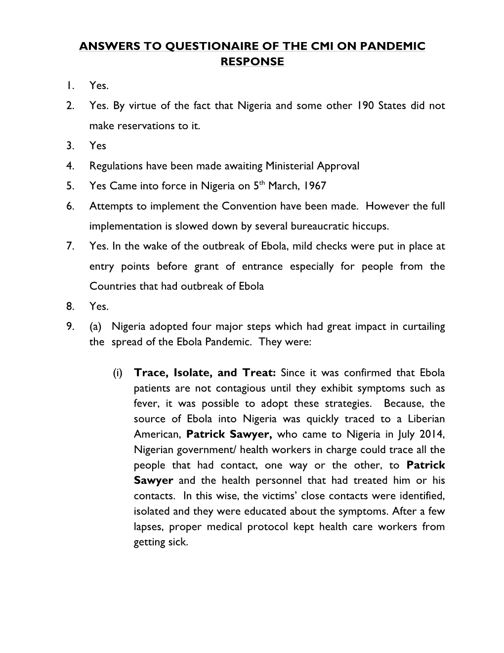 Nigeria MLA Replies to the Pandemic Response Questionnaire