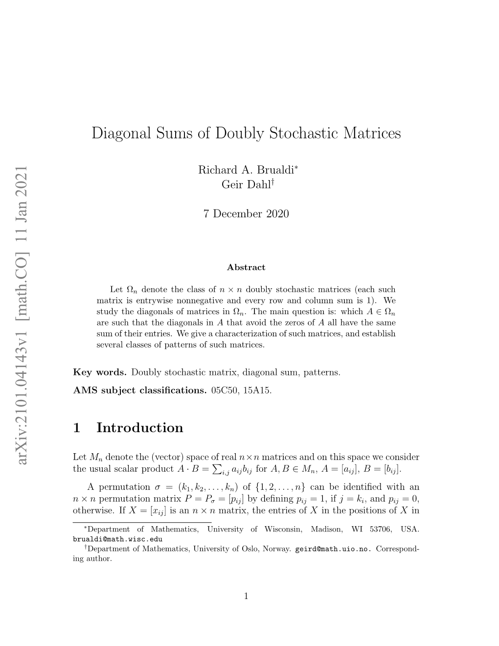 Diagonal Sums of Doubly Stochastic Matrices Arxiv:2101.04143V1 [Math