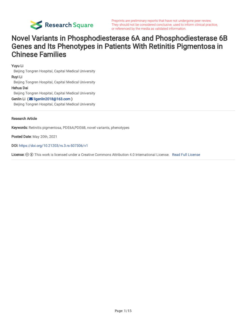 Novel Variants in Phosphodiesterase 6A and Phosphodiesterase 6B Genes and Its Phenotypes in Patients with Retinitis Pigmentosa in Chinese Families
