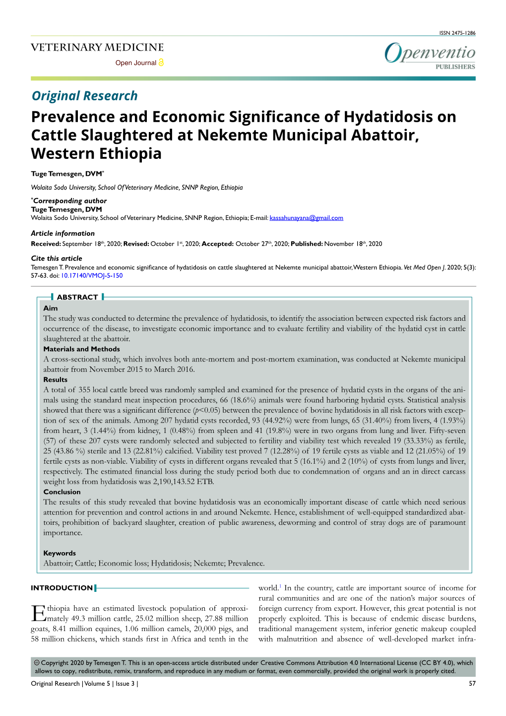 Prevalence and Economic Significance of Hydatidosis on Cattle Slaughtered at Nekemte Municipal Abattoir, Western Ethiopia