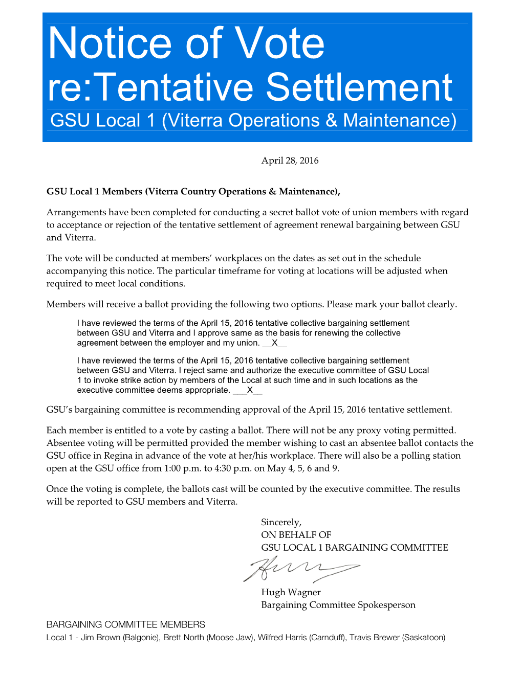 Notice of Vote Re:Tentative Settlement GSU Local 1 (Viterra Operations & Maintenance)