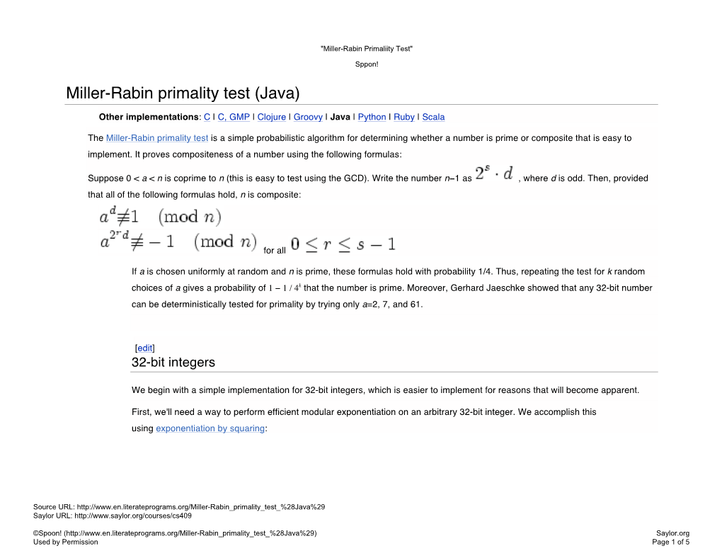 Miller-Rabin Primality Test (Java)