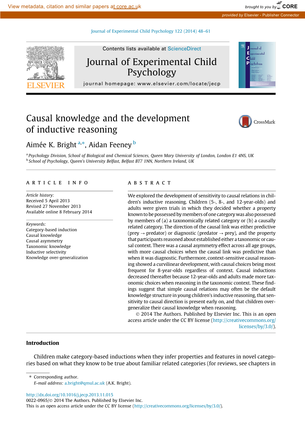 Causal Knowledge and the Development of Inductive Reasoning ⇑ Aimée K