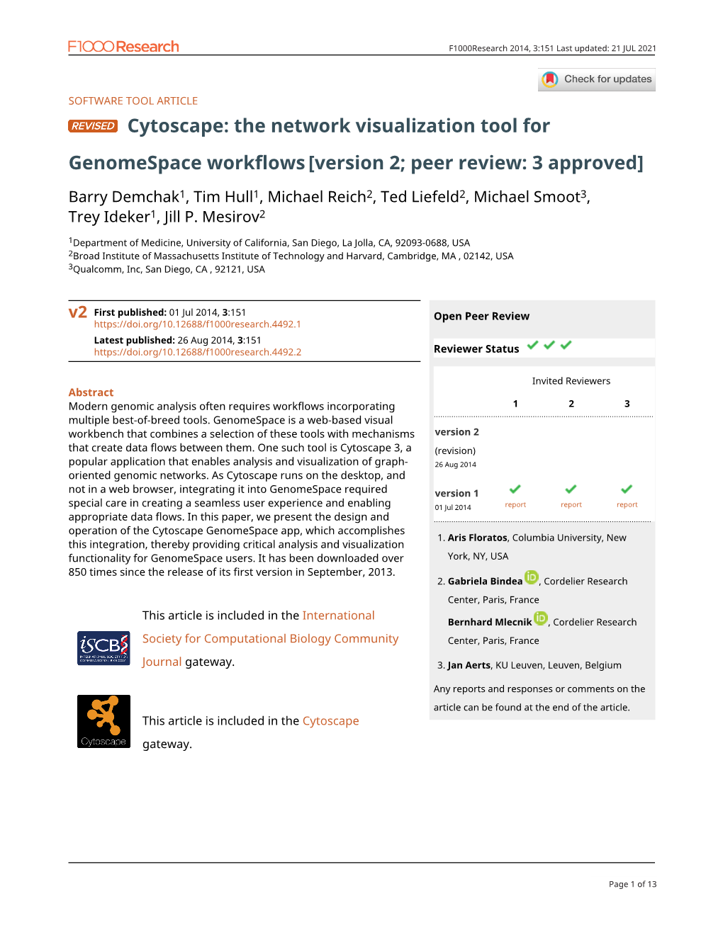 Cytoscape: the Network Visualization Tool for Genomespace Workflows