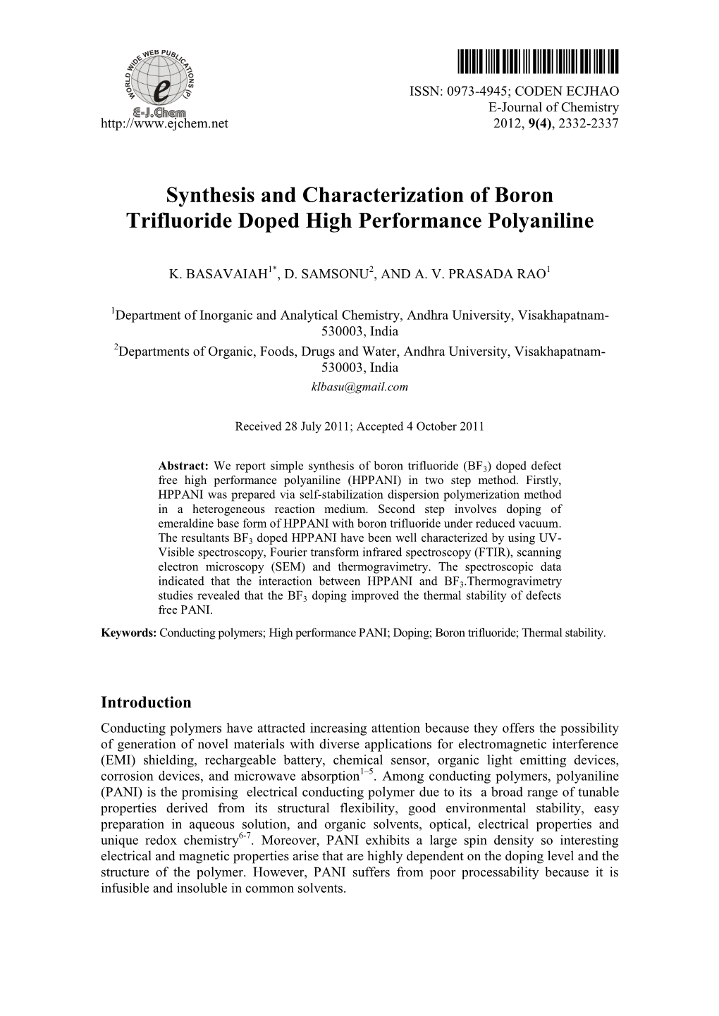 Synthesis and Characterization of Boron Trifluoride Doped High Performance Polyaniline