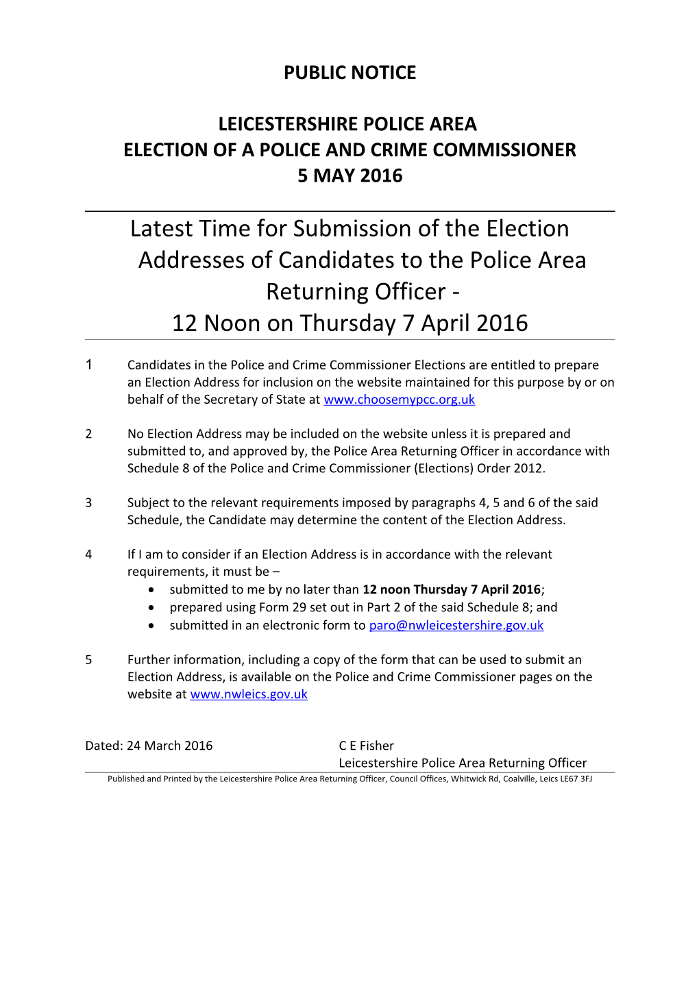 Election of a Police and Crime Commissioner