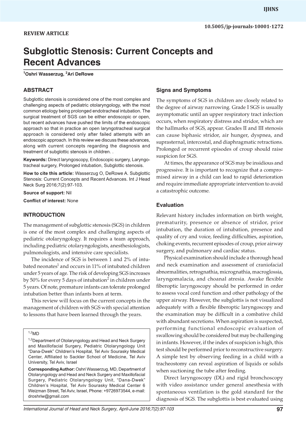 Subglottic Stenosis: Current10.5005/Jp-Journals-10001-1272 Concepts and Recent Advances Review Article