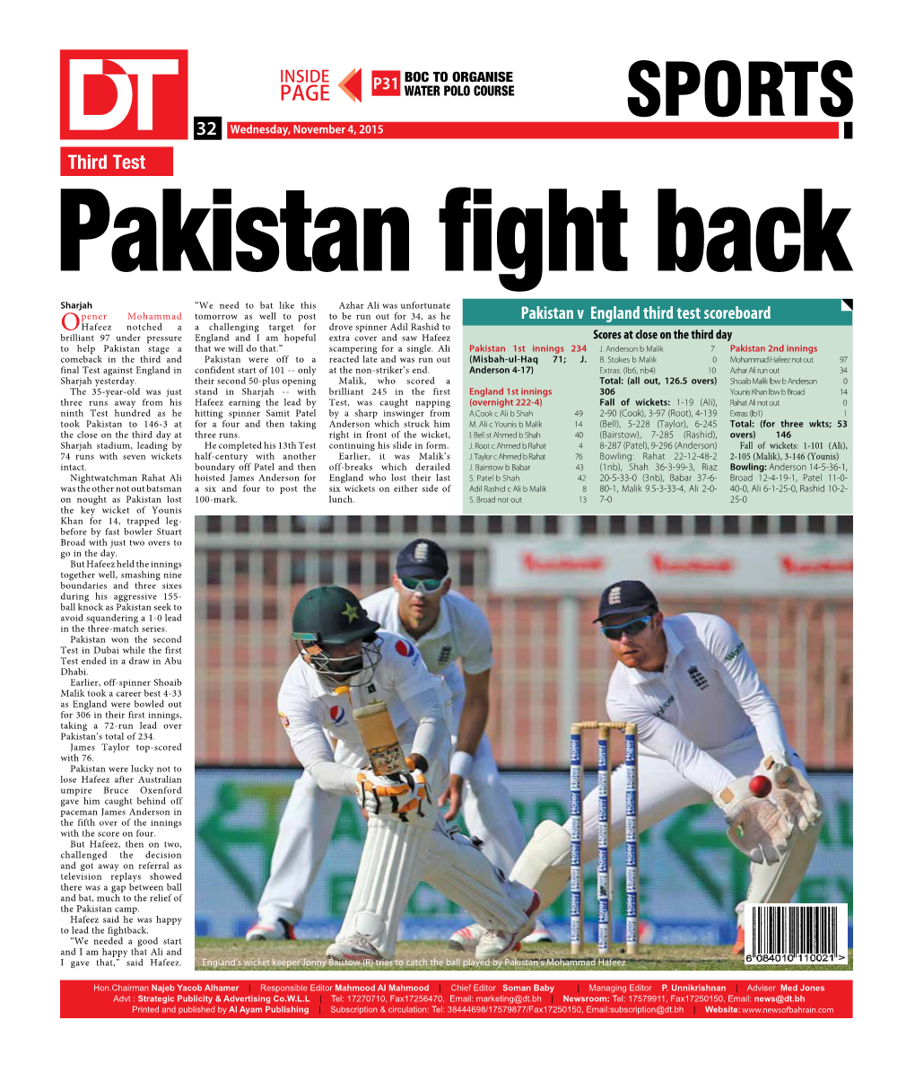 SPORTS 2432 Wednesday, November 4, 2015 Third Test