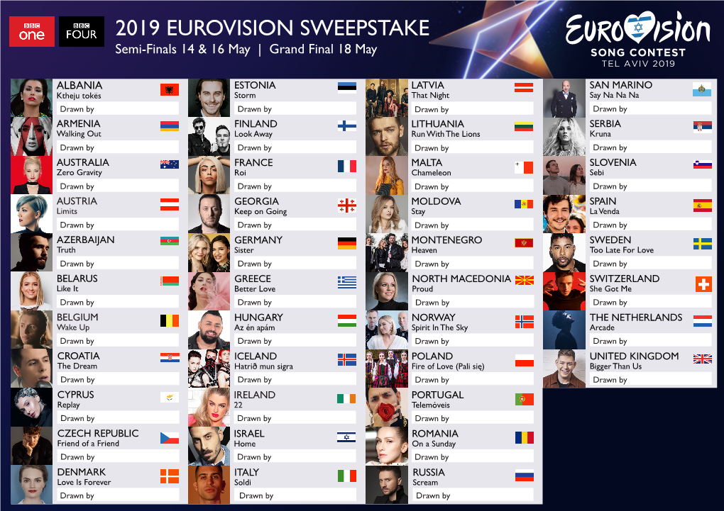 2019 EUROVISION SWEEPSTAKE Semi-Finals 14 & 16 May | Grand Final 18 May