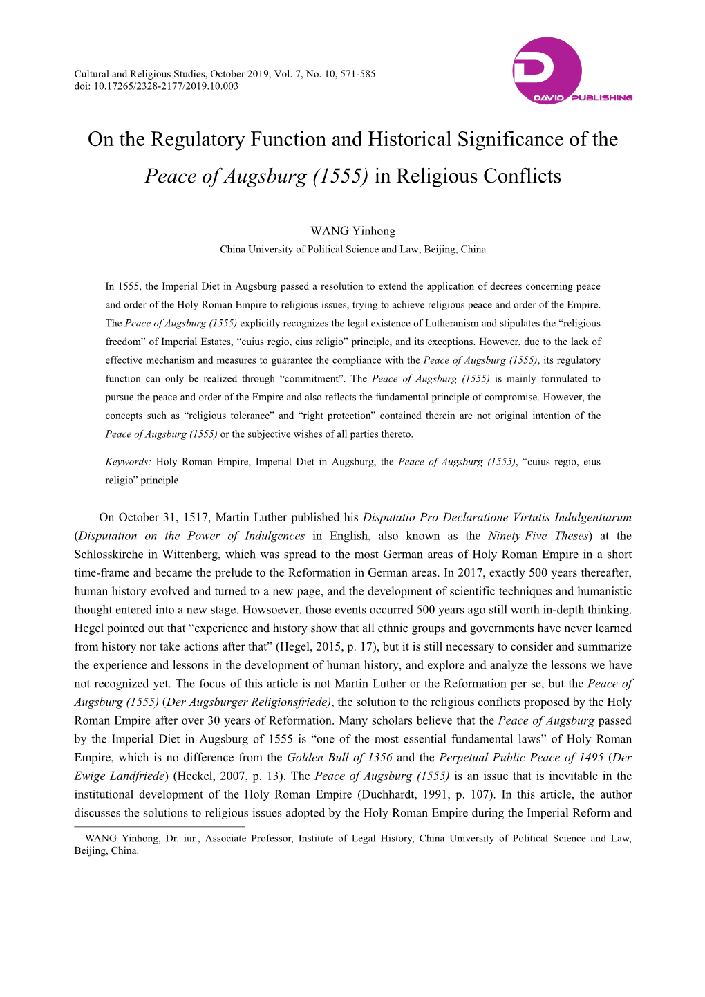 On the Regulatory Function and Historical Significance of the Peace of Augsburg (1555) in Religious Conflicts