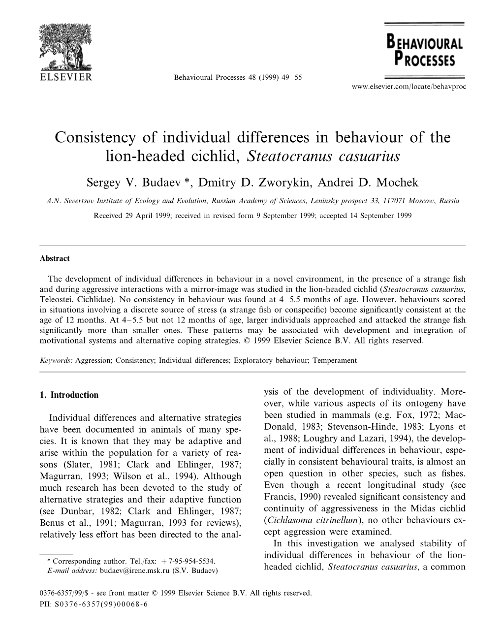 Consistency of Individual Differences in Behaviour of the Lion-Headed Cichlid, Steatocranus Casuarius