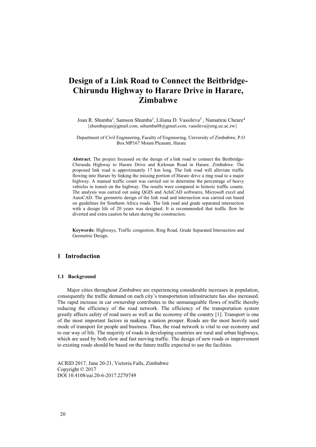 Design of a Link Road to Connect the Beitbridge- Chirundu Highway to Harare Drive in Harare, Zimbabwe