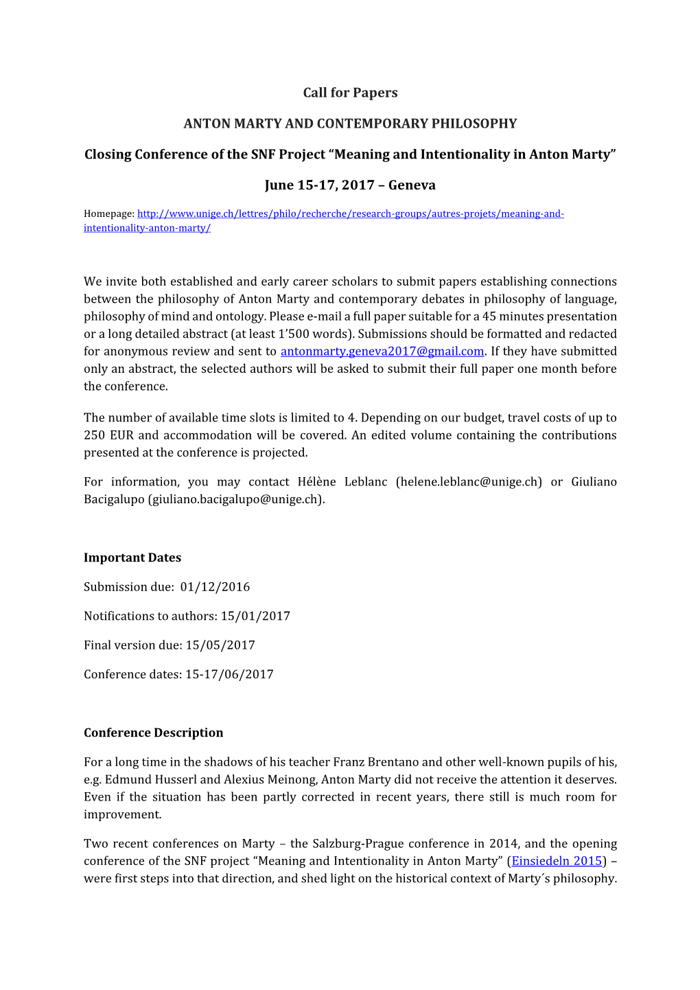 Call for Papers ANTON MARTY and CONTEMPORARY PHILOSOPHY