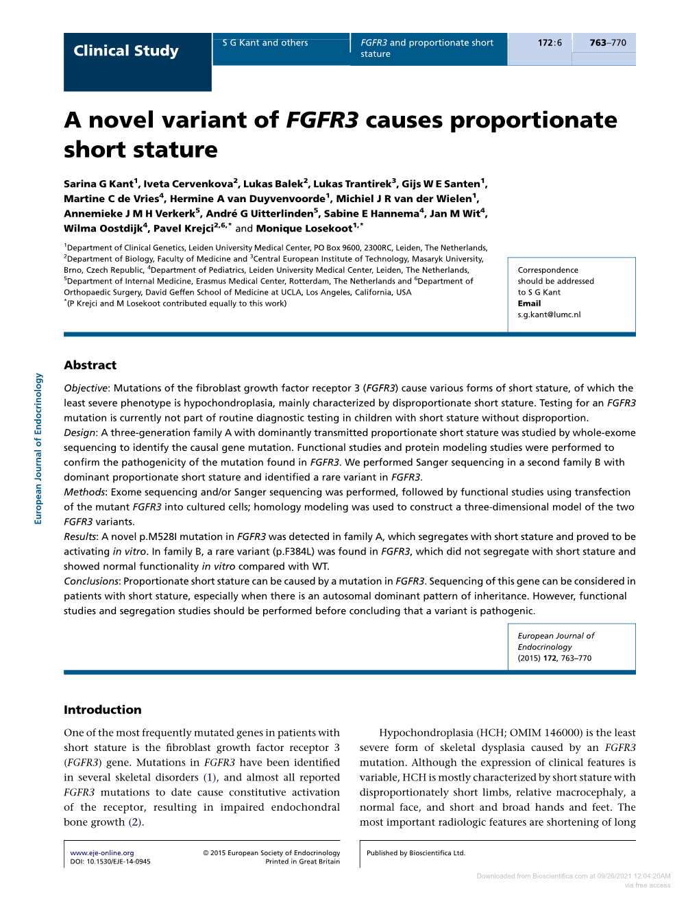 A Novel Variant of FGFR3 Causes Proportionate Short Stature