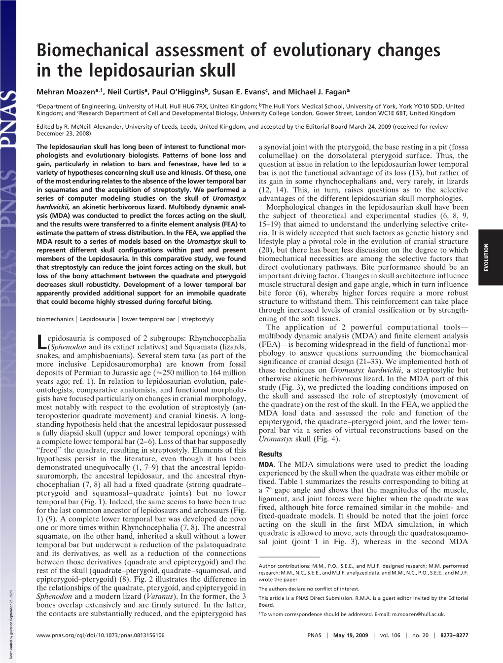 Biomechanical Assessment of Evolutionary Changes in the Lepidosaurian Skull