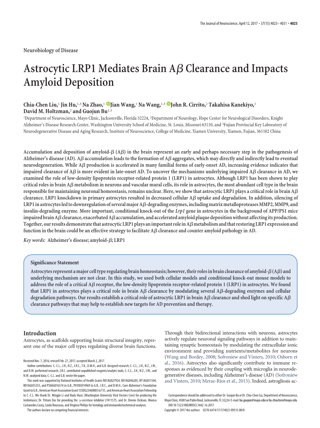 Astrocytic LRP1 Mediates Brain Aßclearance and Impacts Amyloid