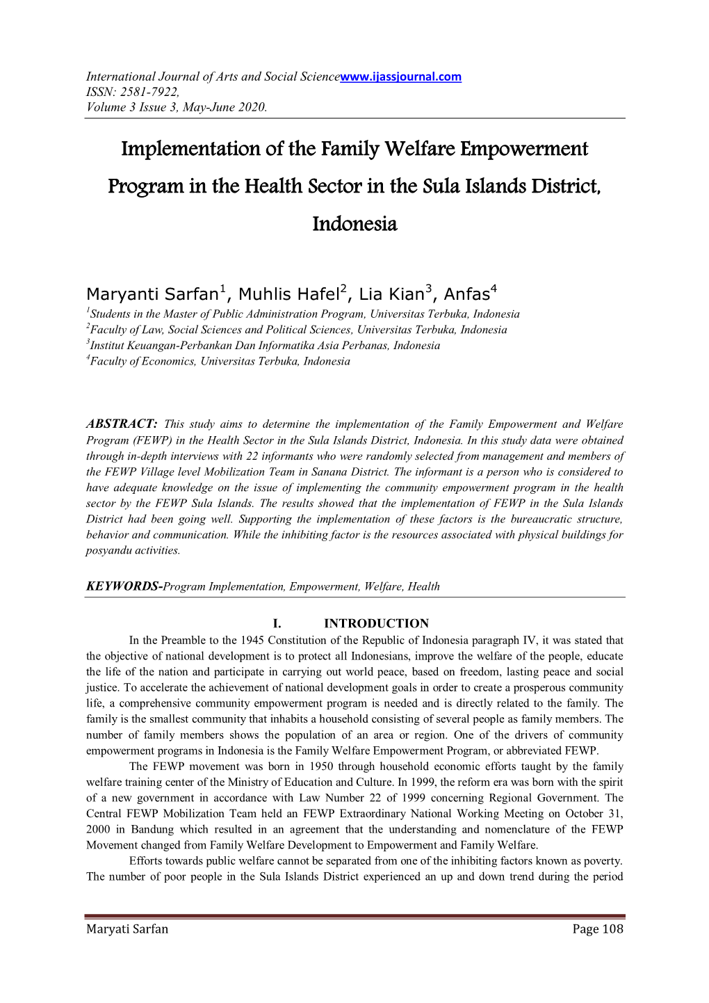 Implementation of the Family Welfare Empowerment Program in the Health Sector in the Sula Islands District, Indonesia