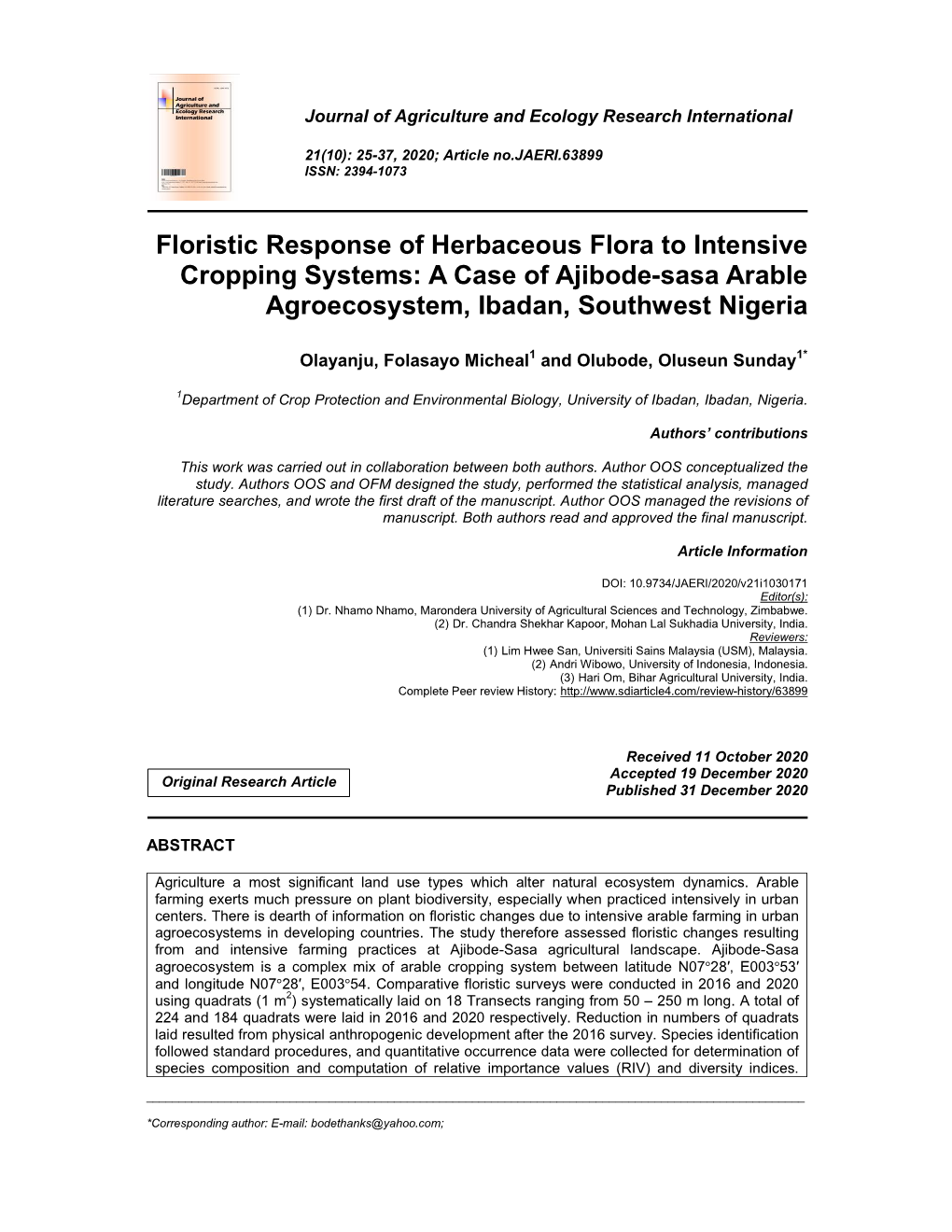 Floristic Response of Herbaceous Flora to Intensive Cropping Systems: a Case of Ajibode-Sasa Arable Agroecosystem, Ibadan, Southwest Nigeria