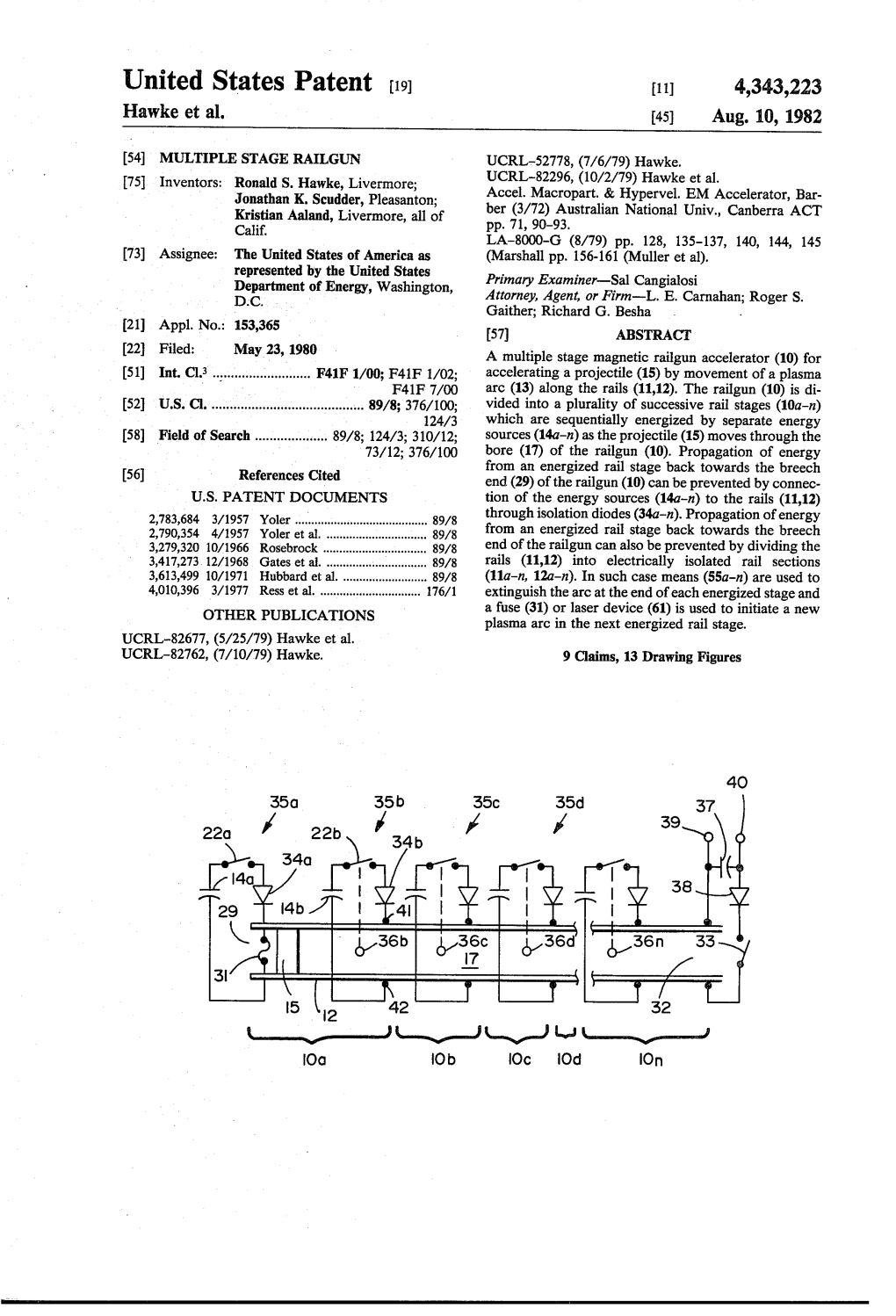 United States Patent (19) 11 4,343,223 Hawke Et Al