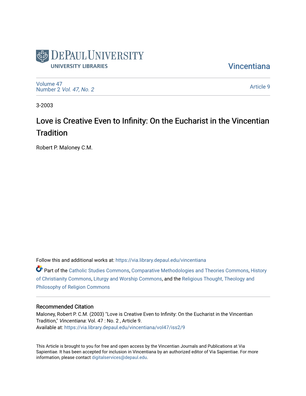 Love Is Creative Even to Infinity: on the Eucharist in the Vincentian Tradition