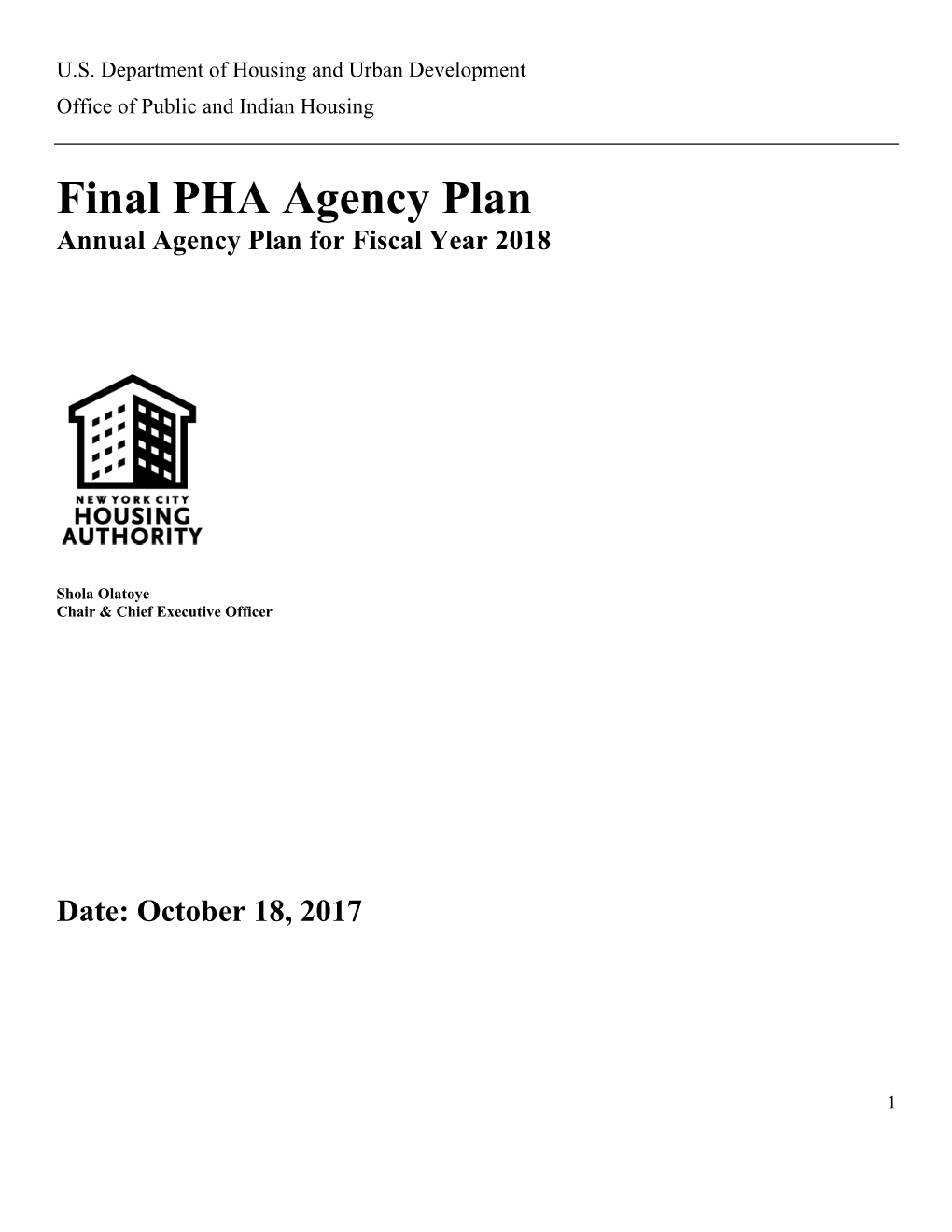 Final PHA Agency Plan Annual Agency Plan for Fiscal Year 2018