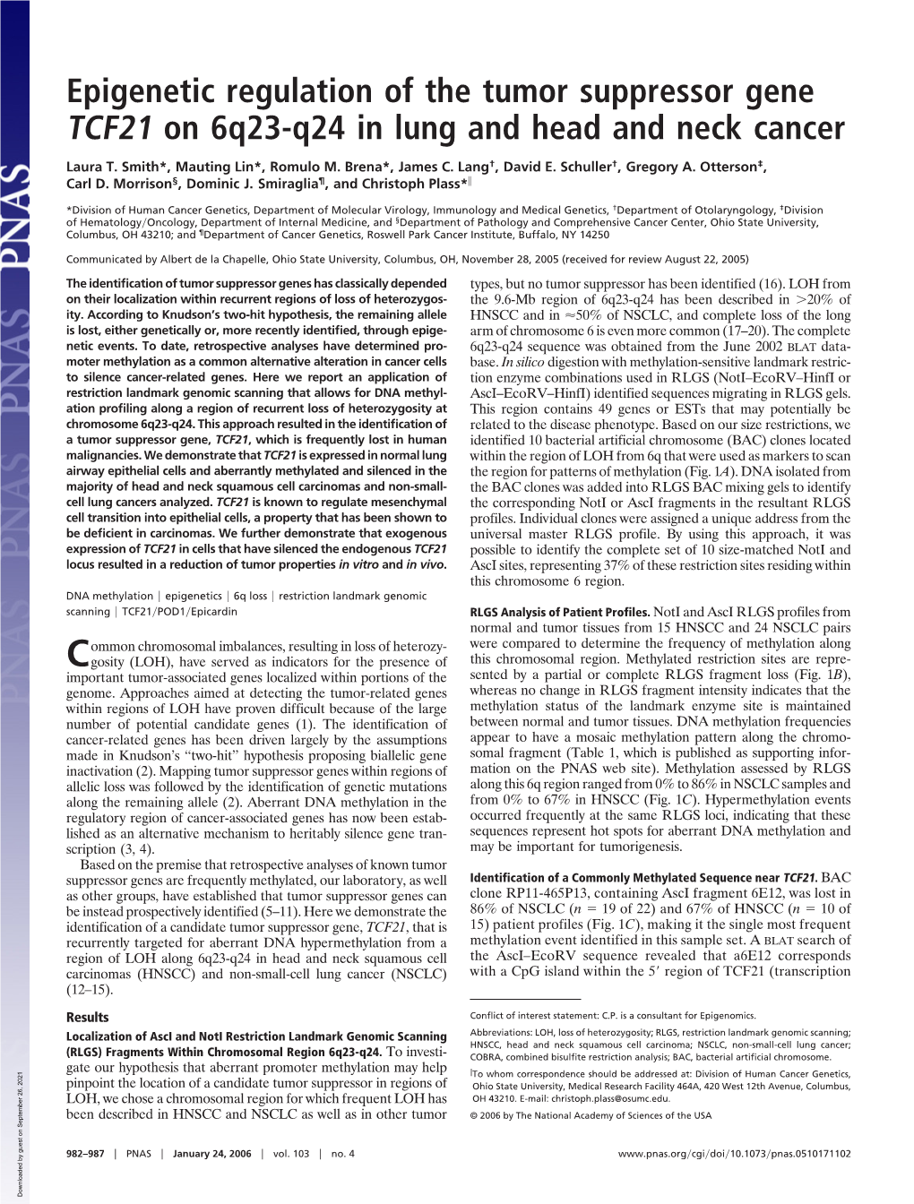 Epigenetic Regulation of the Tumor Suppressor Gene TCF21 on 6Q23-Q24 in Lung and Head and Neck Cancer